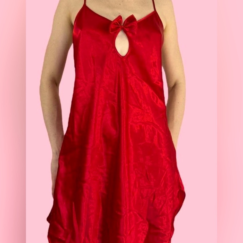 Vintage 90s Silky Red Bow Lingerie Slip Dress